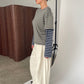 Contrast Lightweight Striped Double Sleeve Tee Khaki