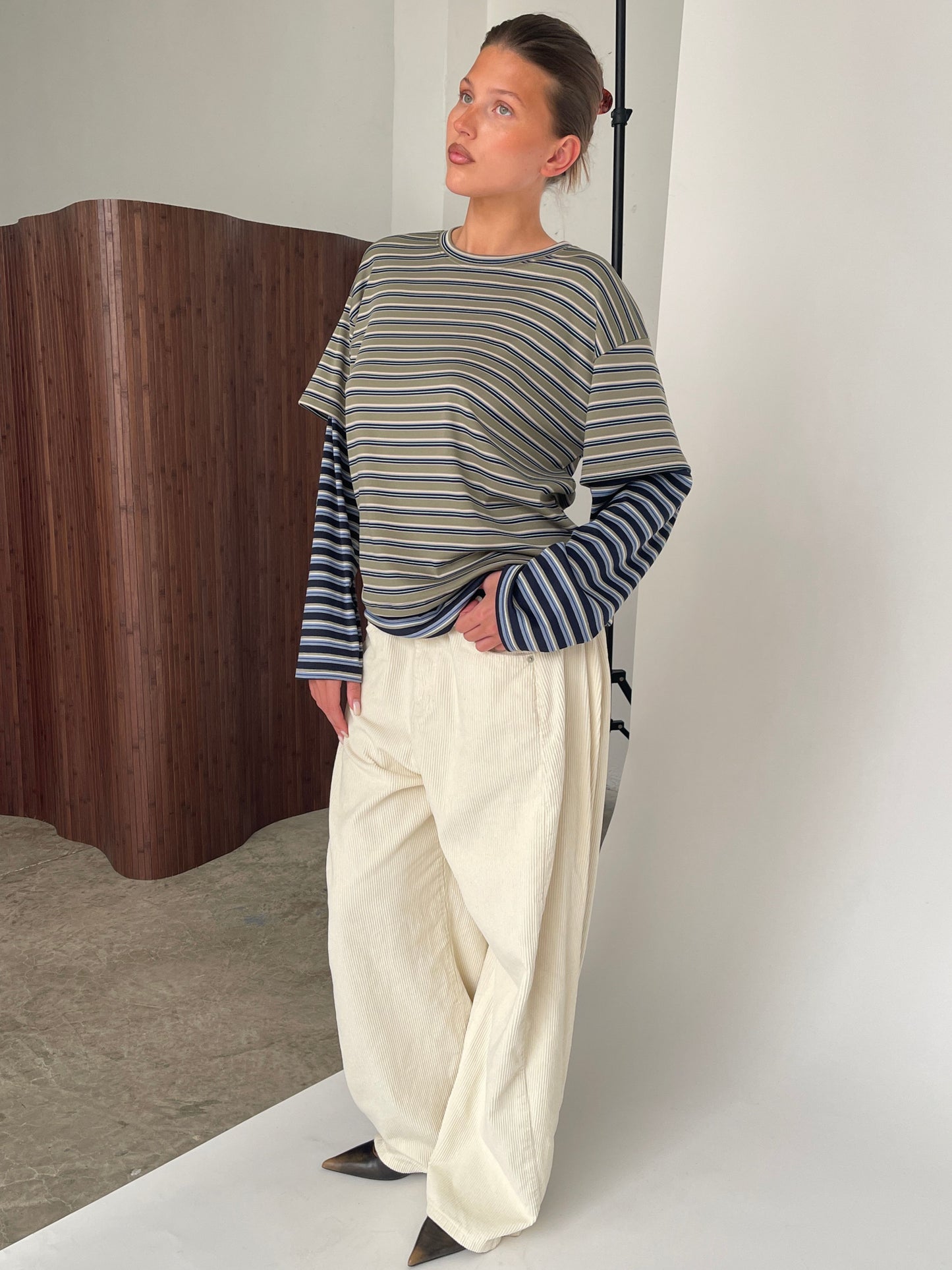 Contrast Lightweight Striped Double Sleeve Tee Khaki