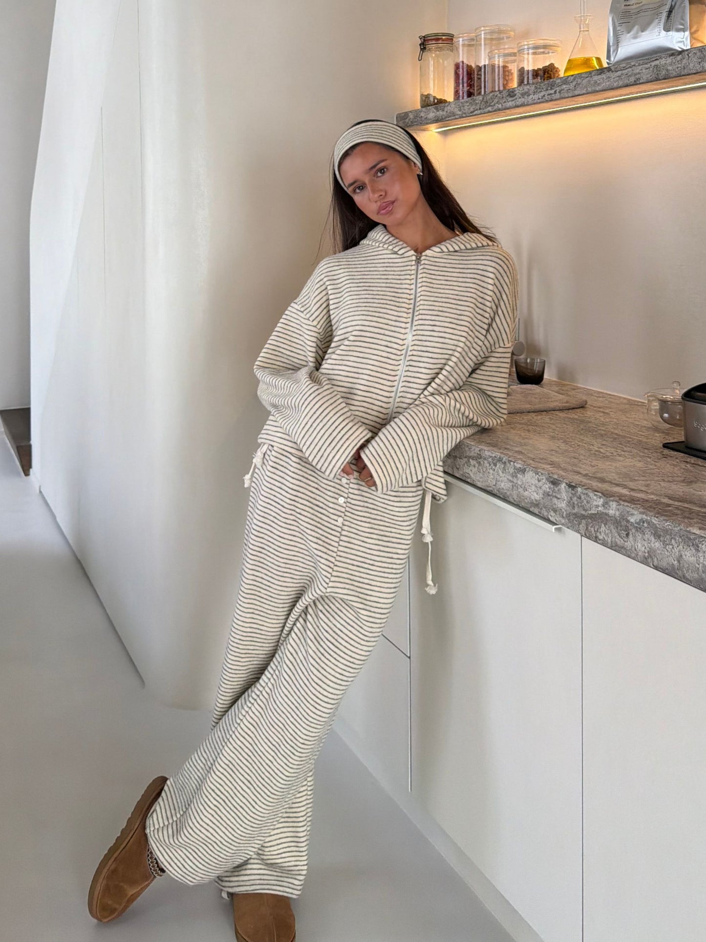 Soft Striped Drawstring Lounge Pants Ivory