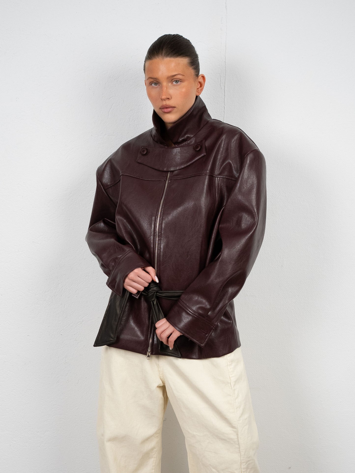 Contrast Belted Jacket Burgundy