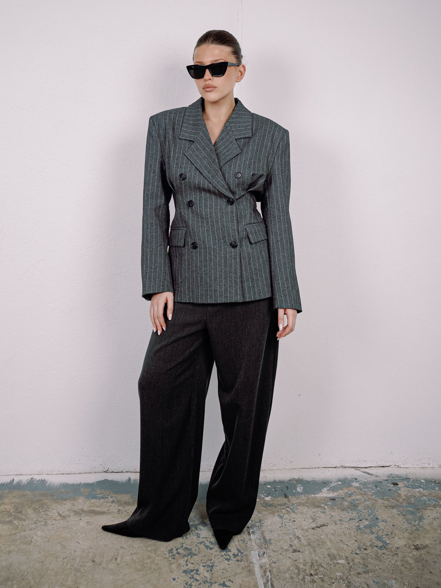 Pinstriped Cinched Blazer Grey Melange