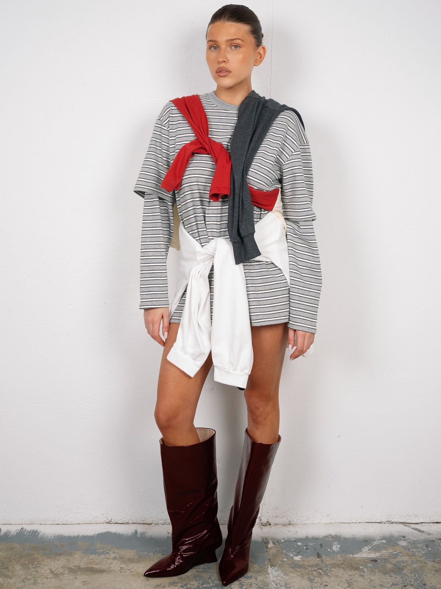 Striped Double Sleeve Tee Grey