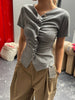 Wavy Front Closure Short Sleeve Top Grey