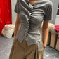 Wavy Front Closure Short Sleeve Top Grey