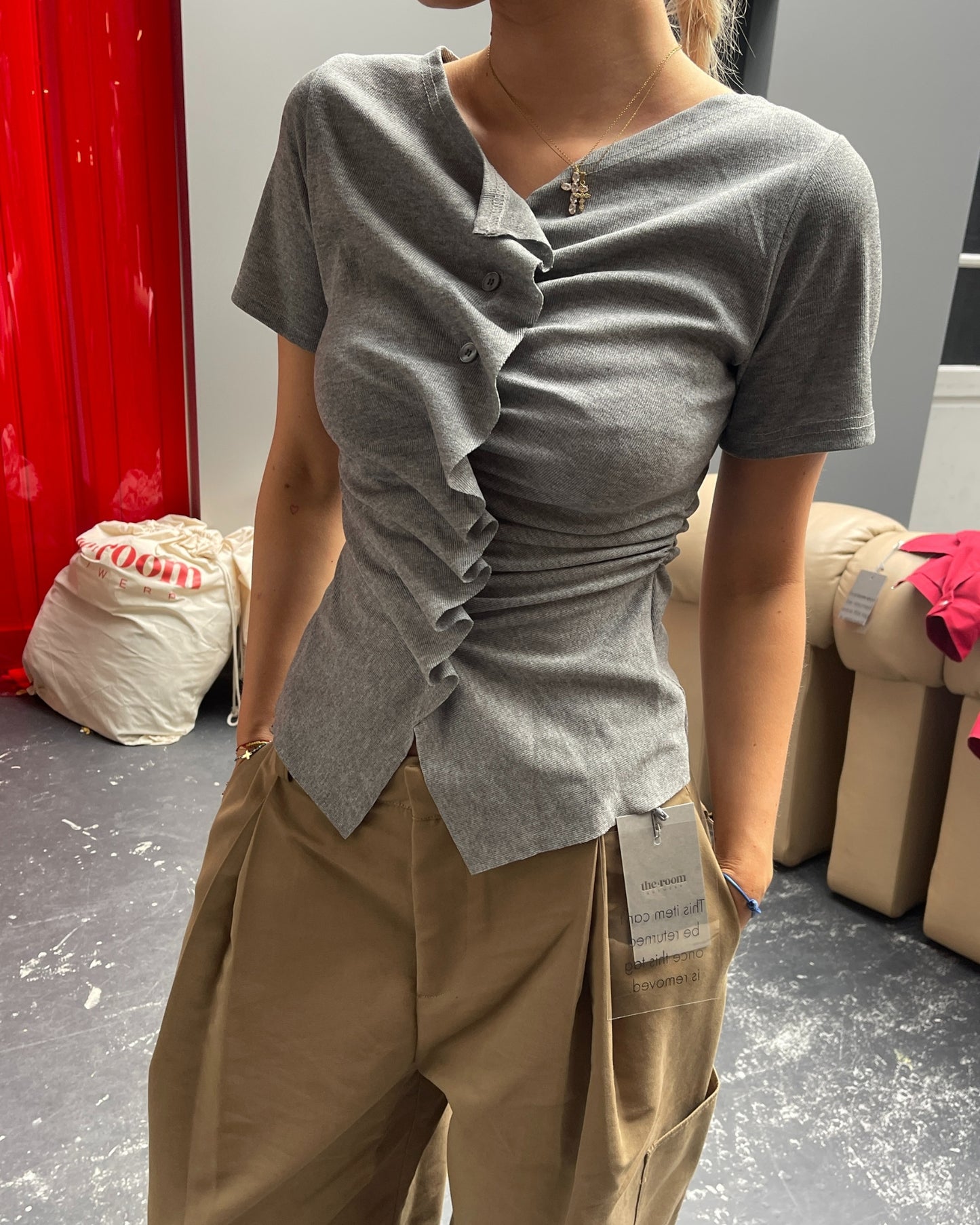Wavy Front Closure Short Sleeve Top Grey
