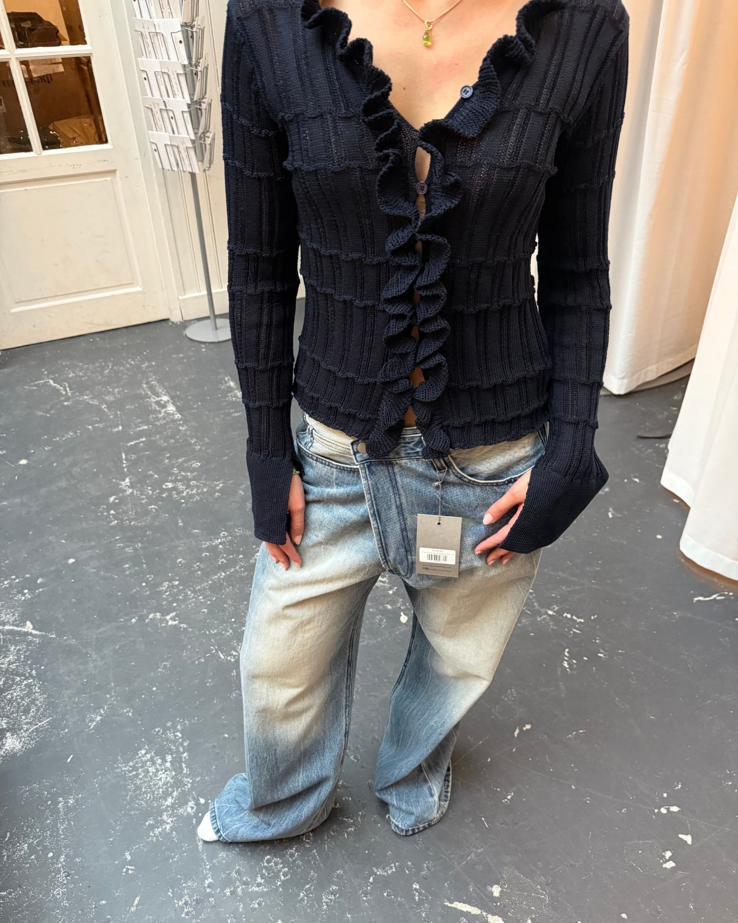 Ruffled Crochet Cardigan Navy