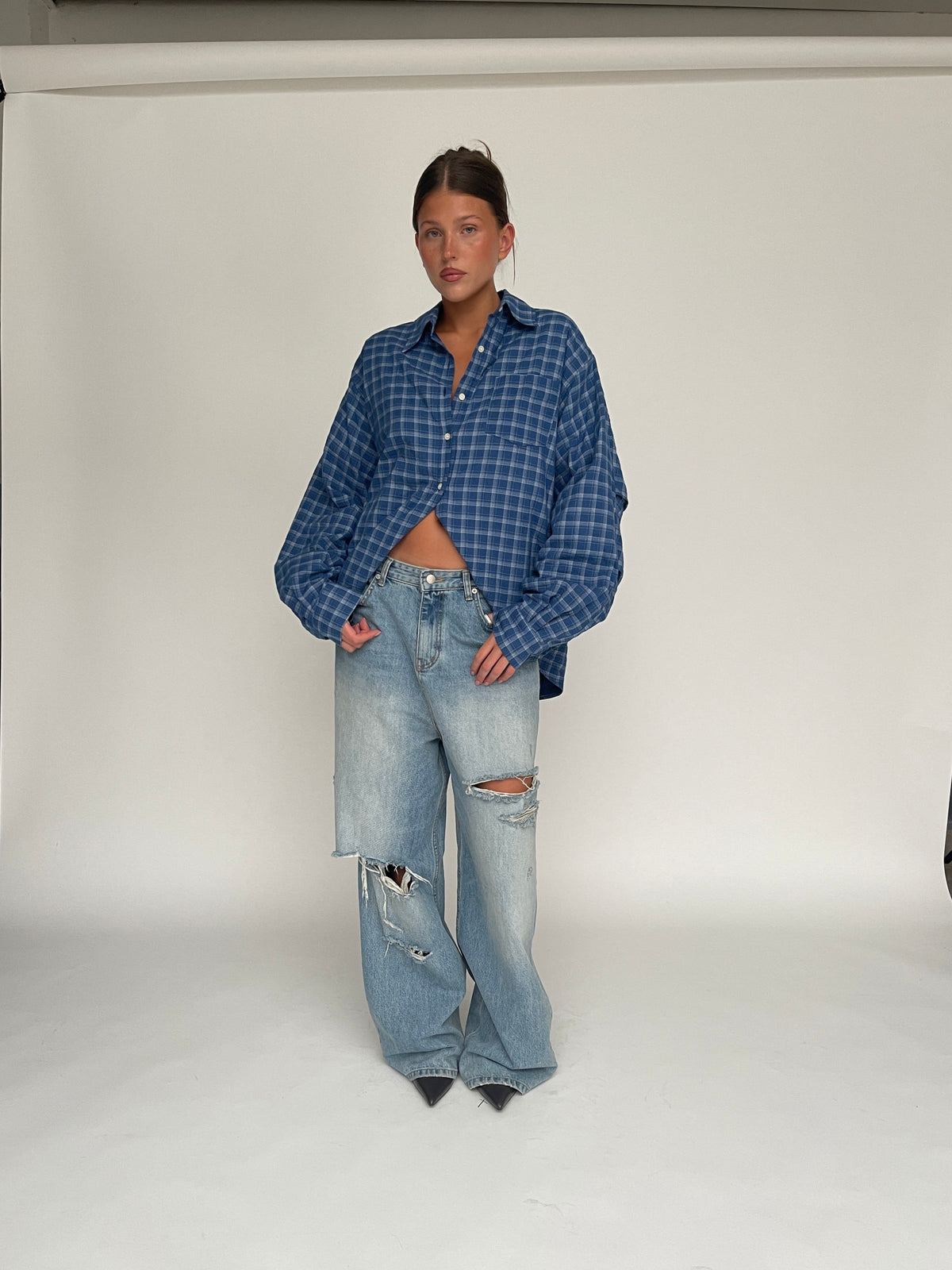 Oversized Checked Padded Shirt Blue *pre-order*