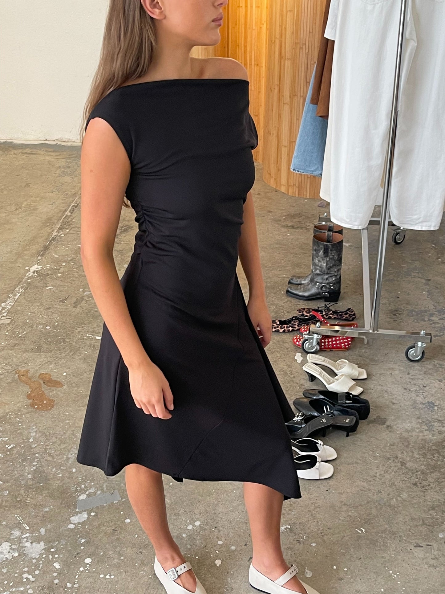 Off Shoulder Asymmetric Dress Black