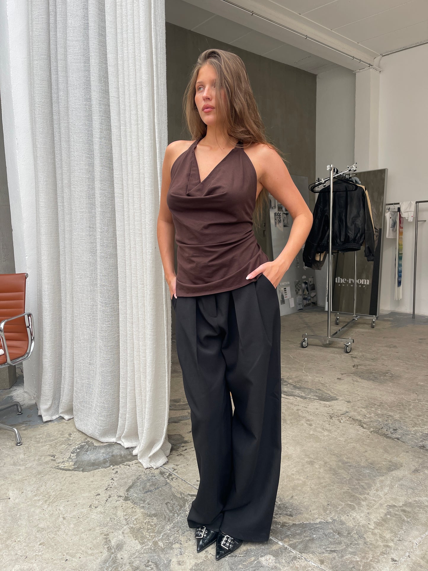 Tie Back Halter Neck Top Brown
