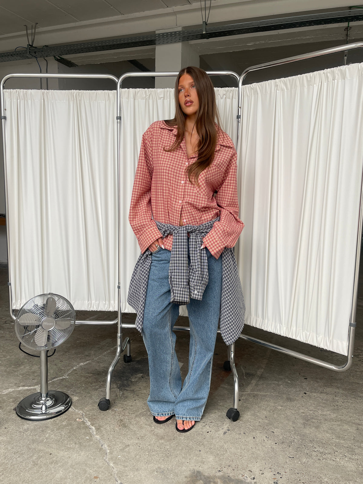 Oversized Checked Shirt Cherry Red