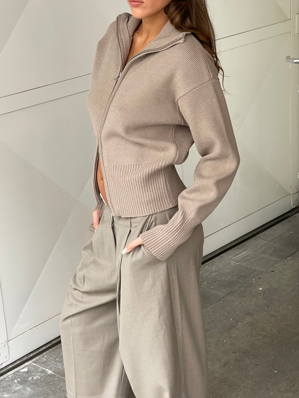 Two Way Zip Cardigan Beige