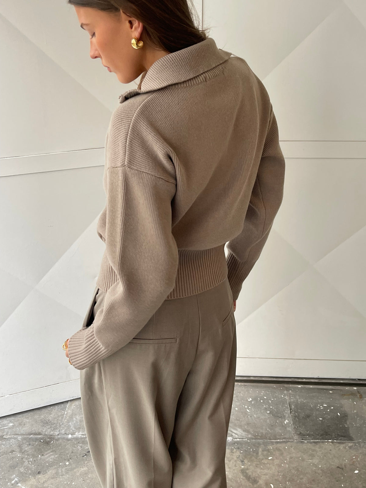 Two Way Zip Cardigan Beige