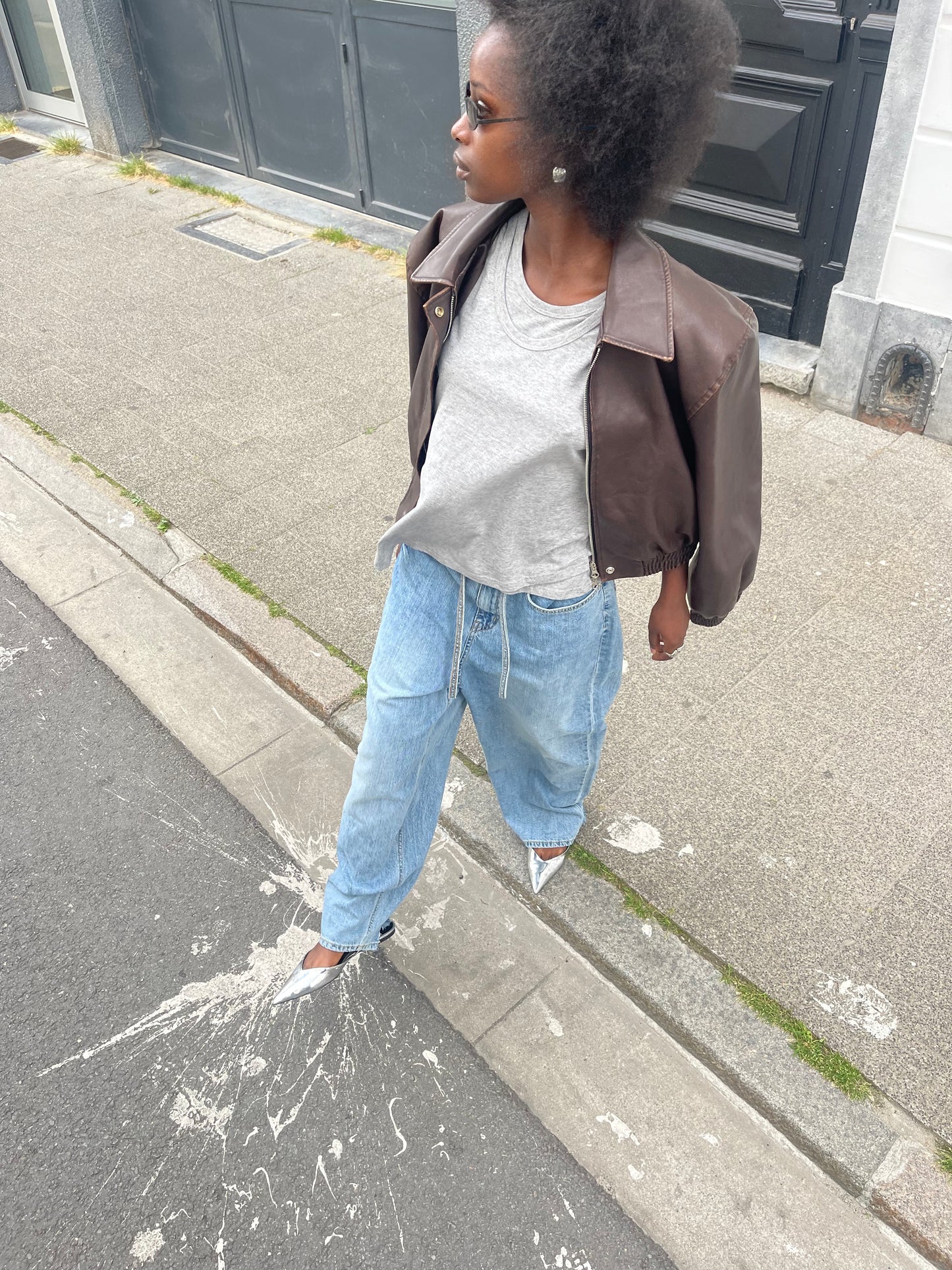 Oversized Cropped Faux Leather Jacket Brown