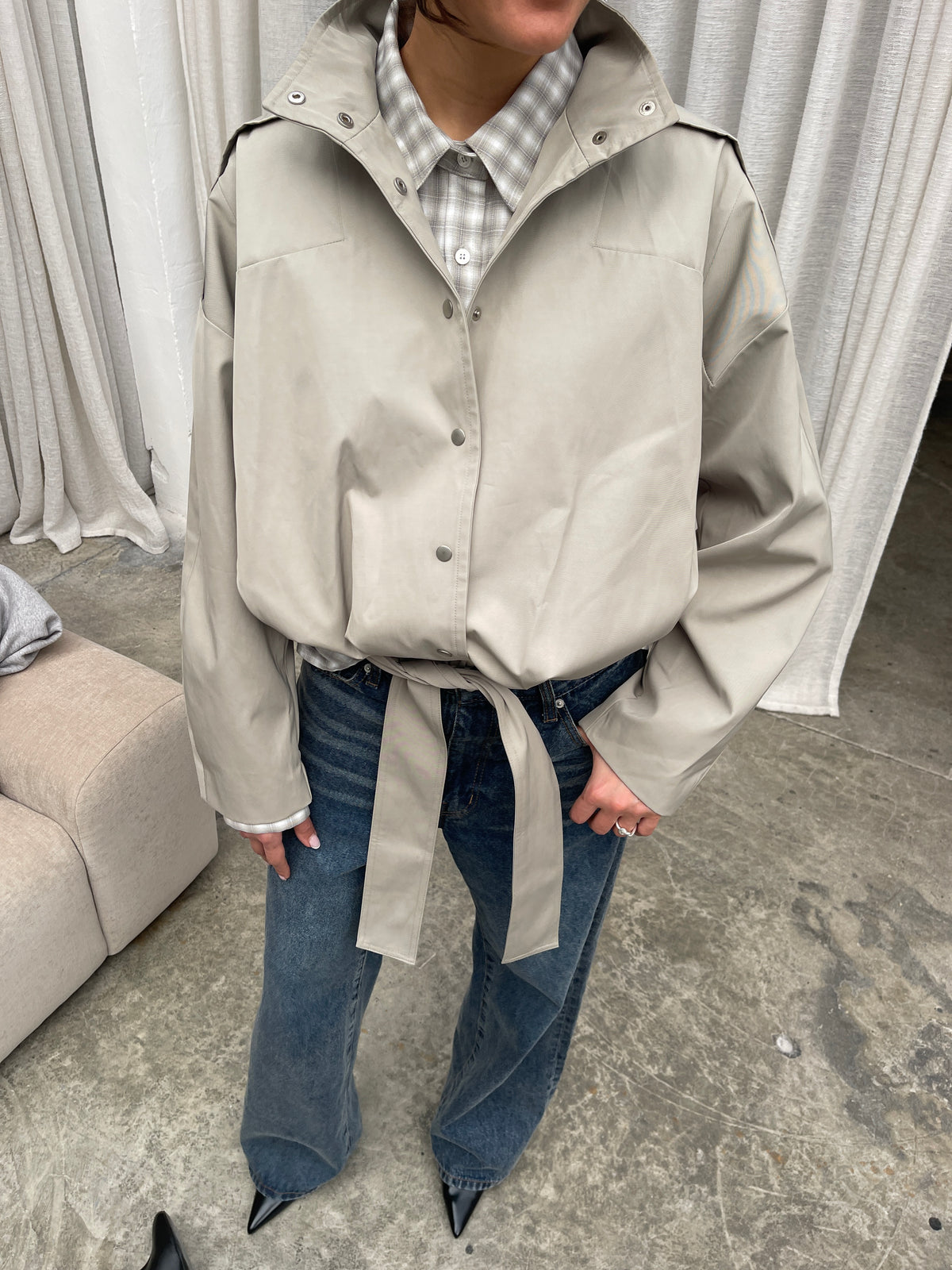 High Neck Belted Jacket Sage Green