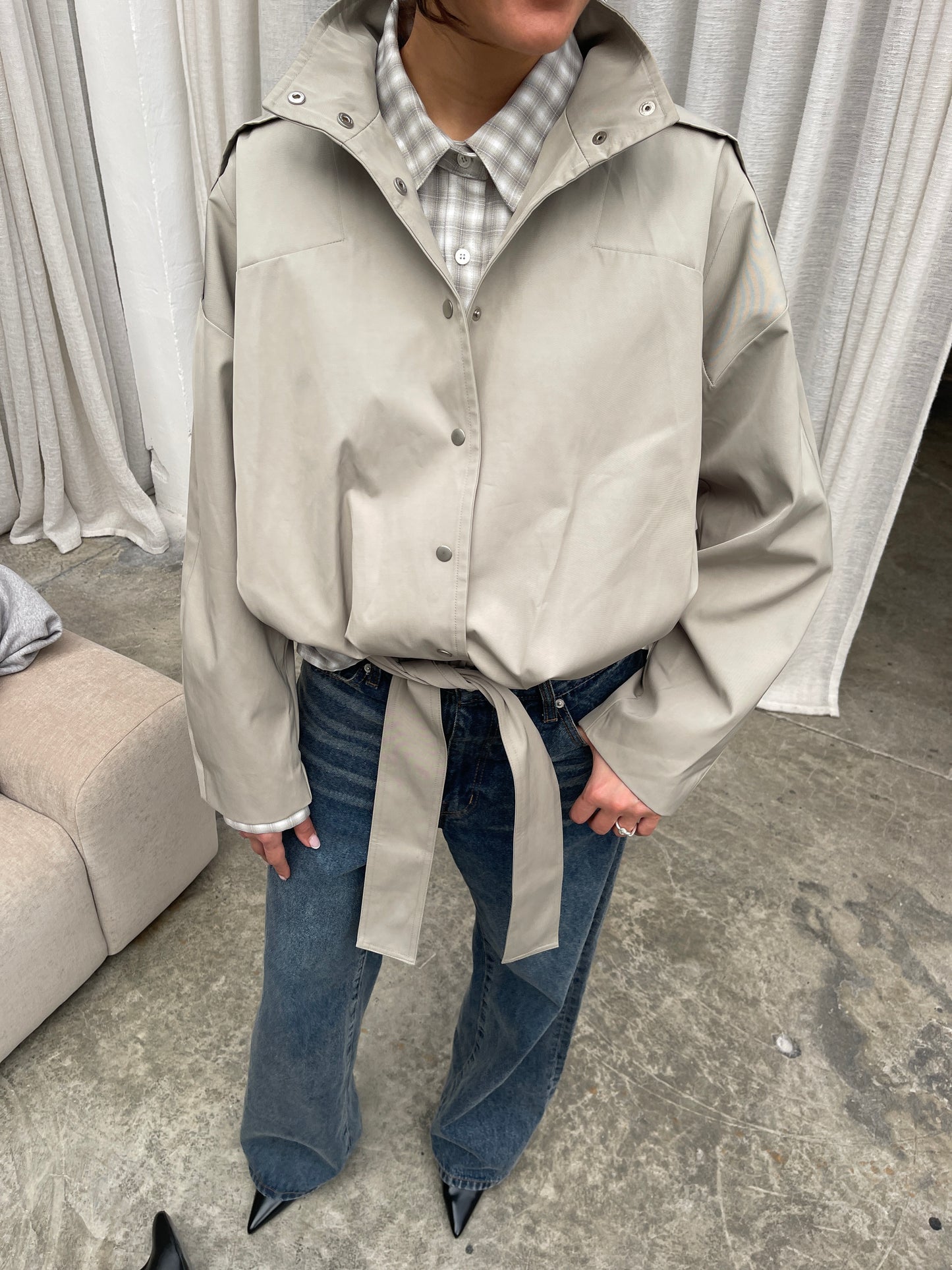 High Neck Belted Jacket Sage Green