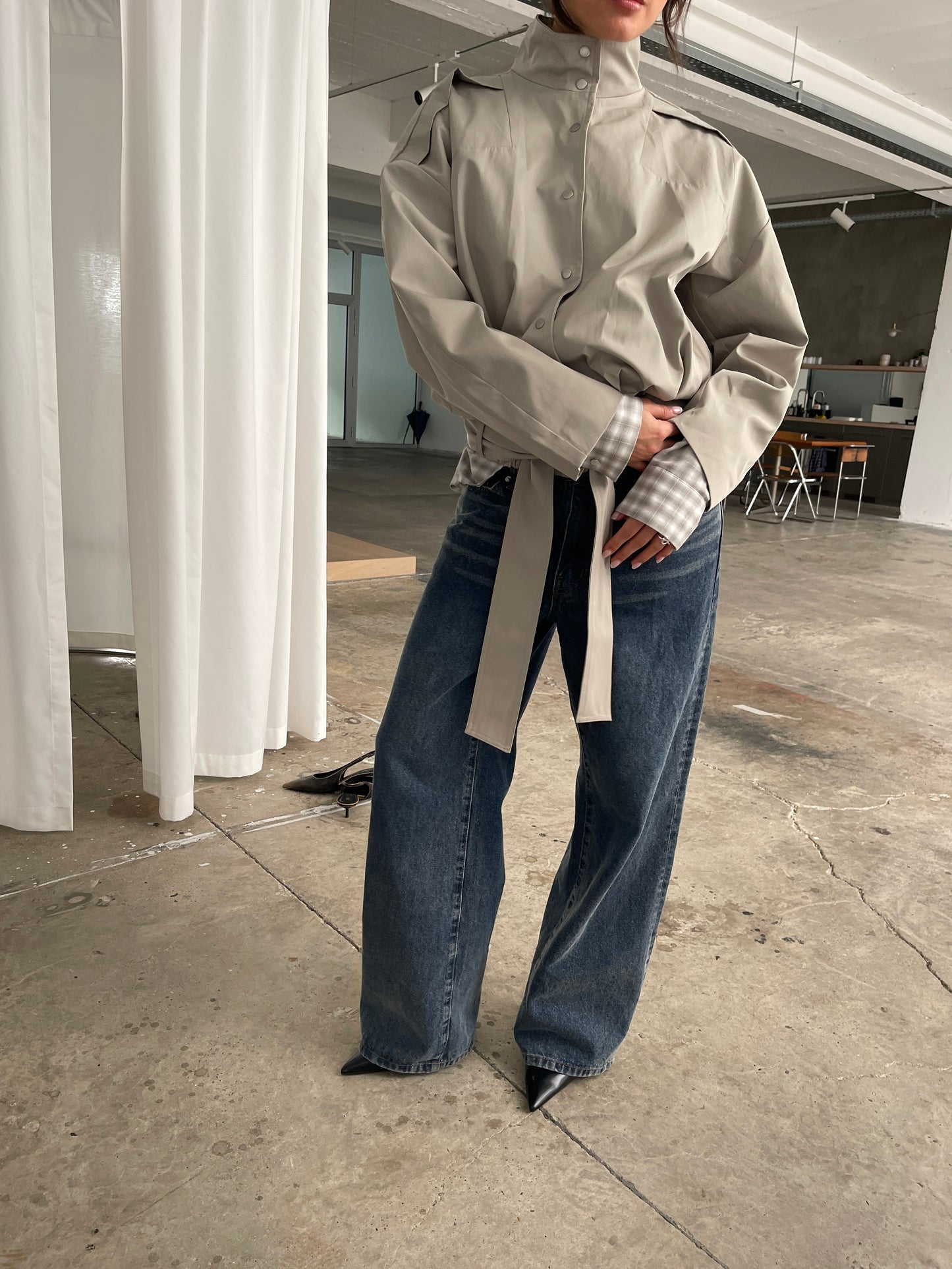 High Neck Belted Jacket Sage Green