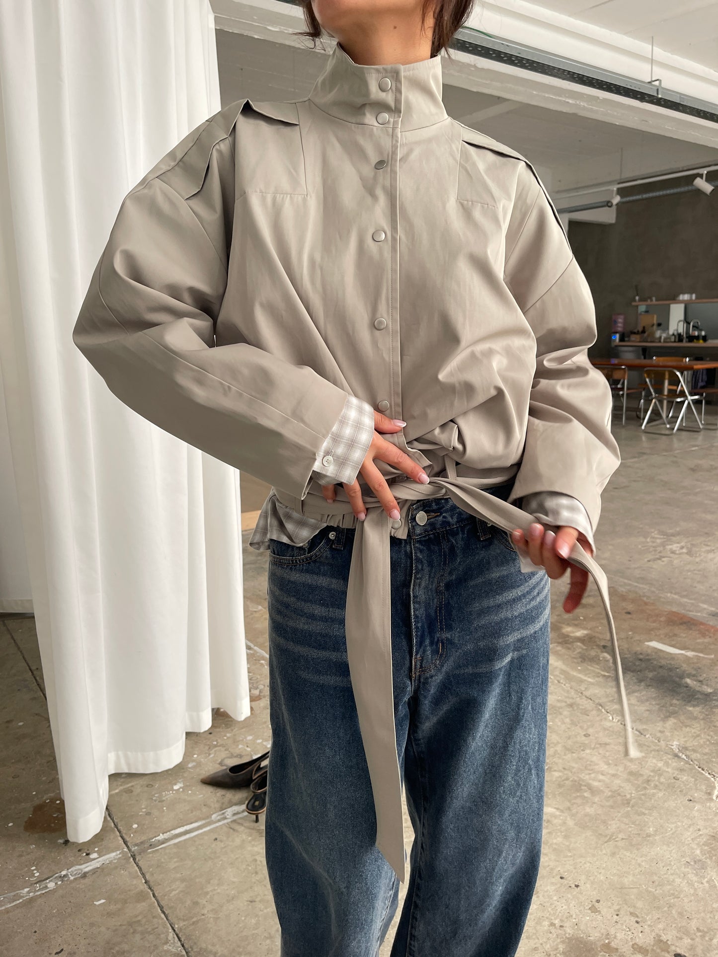 High Neck Belted Jacket Sage Green