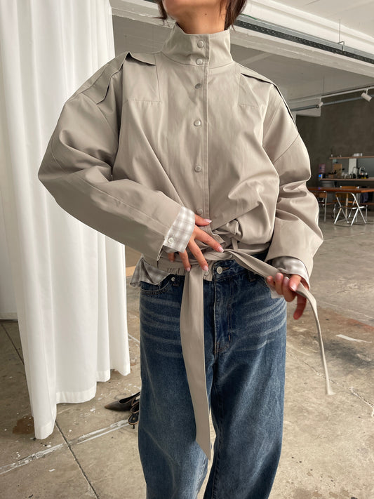 High Neck Belted Jacket Sage Green