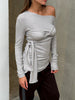 Off Shoulder Knot Belted Top Light Grey