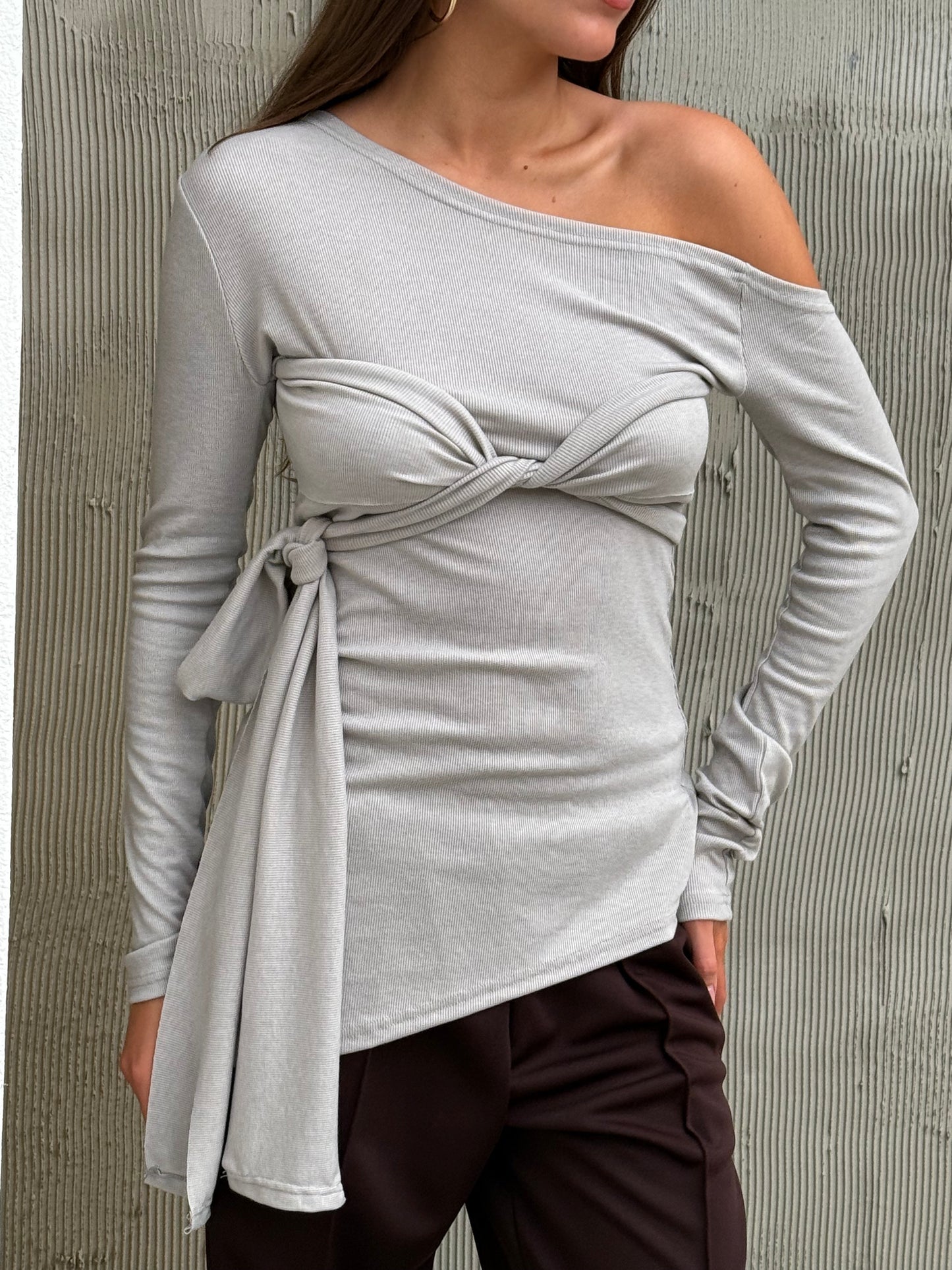 Off Shoulder Knot Belted Top Light Grey