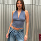 Deep Halter Neck Top Steel Blue