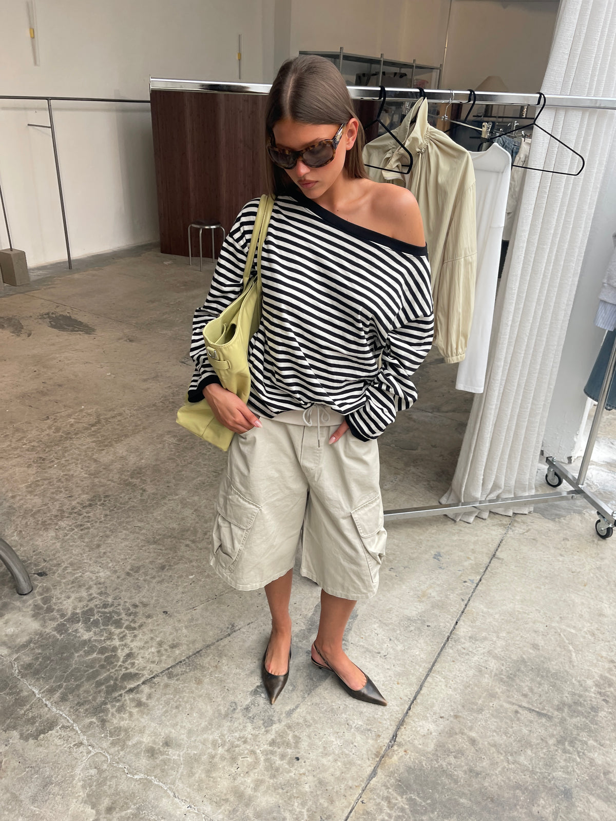 Striped Off Shoulder Long Sleeve Tee Black and White