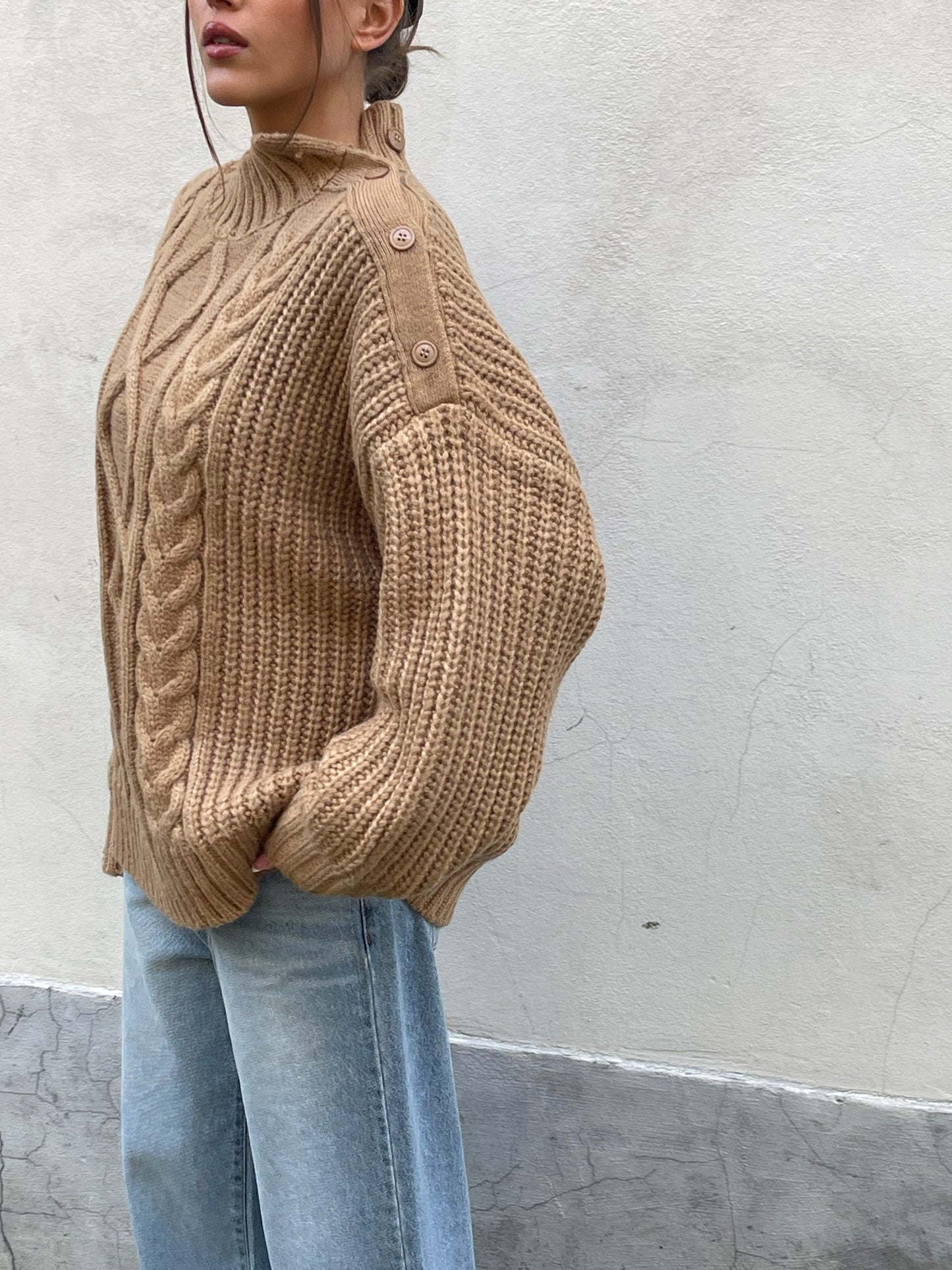 Buttoned Cable Turtleneck Knit Camel