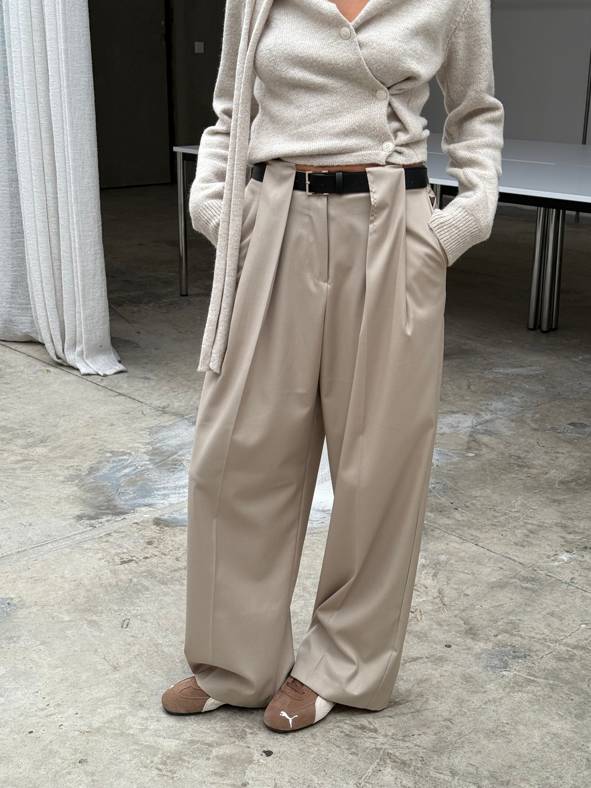 Front Pleated Belted Pants Sand
