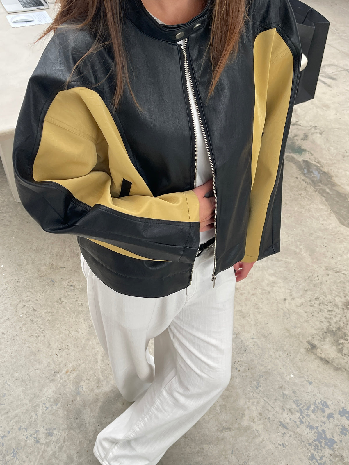Bicolour Round Collar Jacket Camel