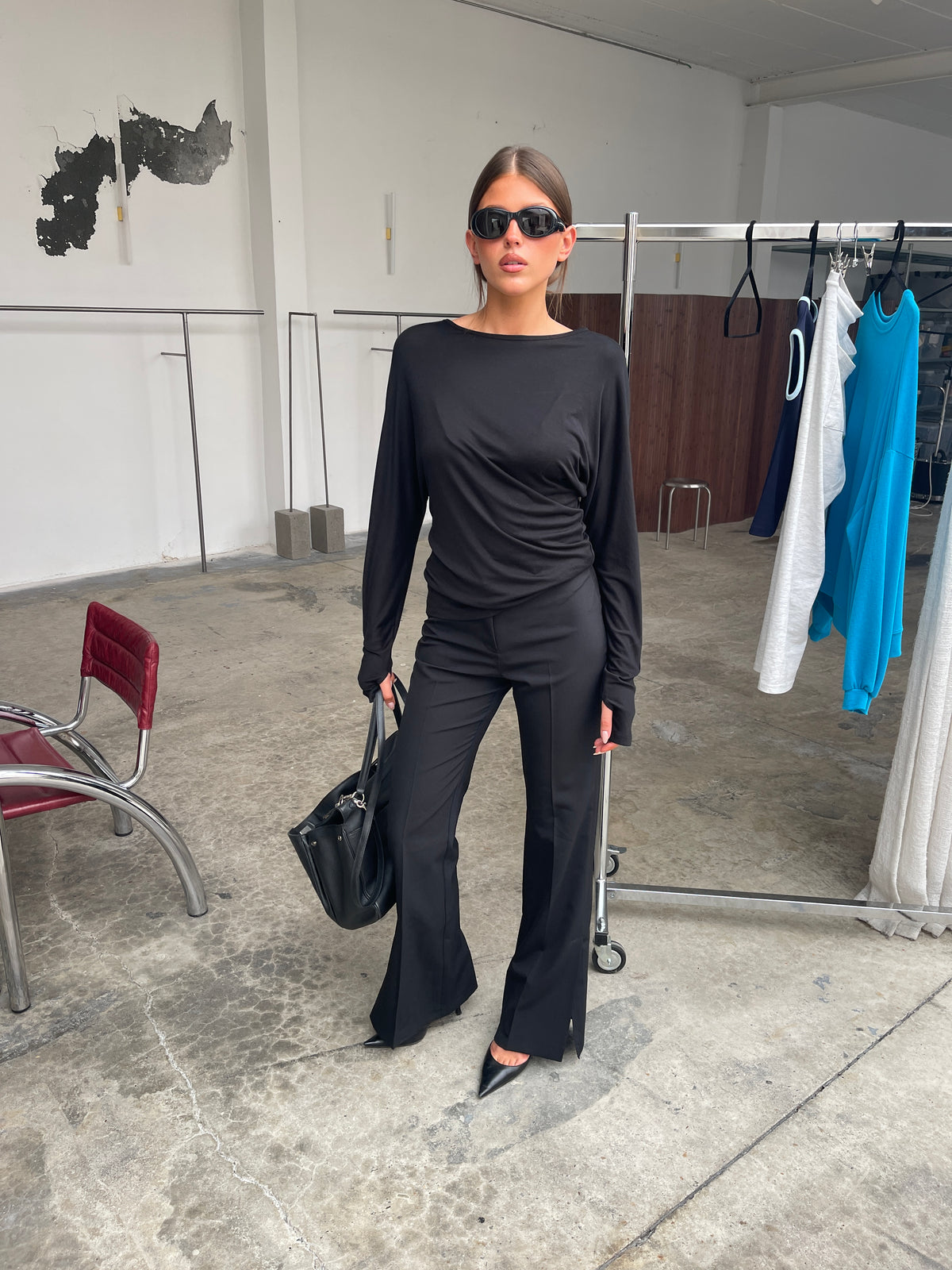 Soft Draped Off Shoulder Long Sleeve Top Black