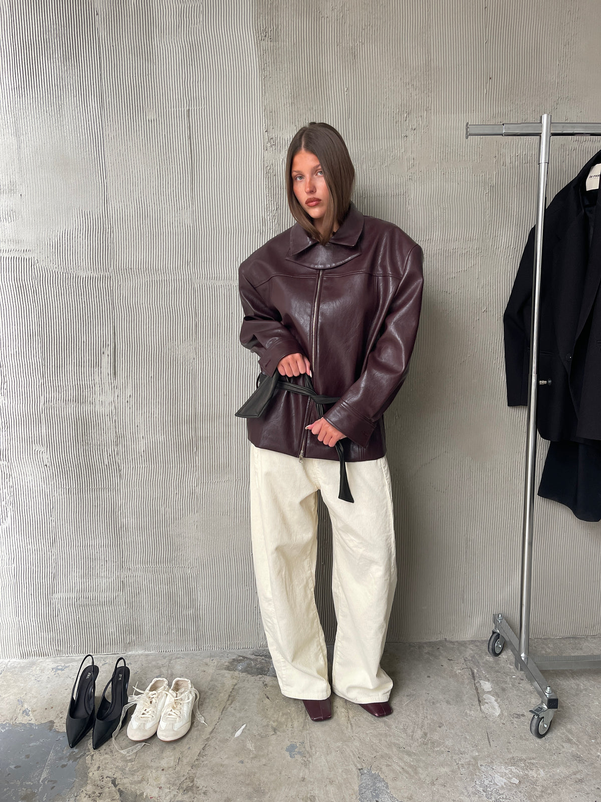 Contrast Belted Jacket Burgundy