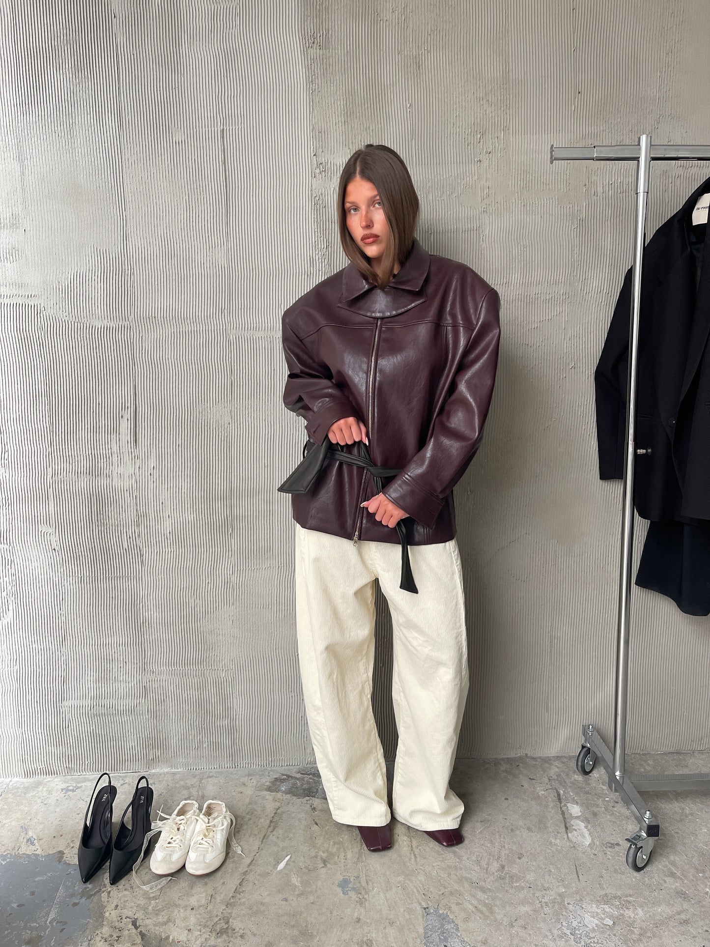 Contrast Belted Jacket Burgundy