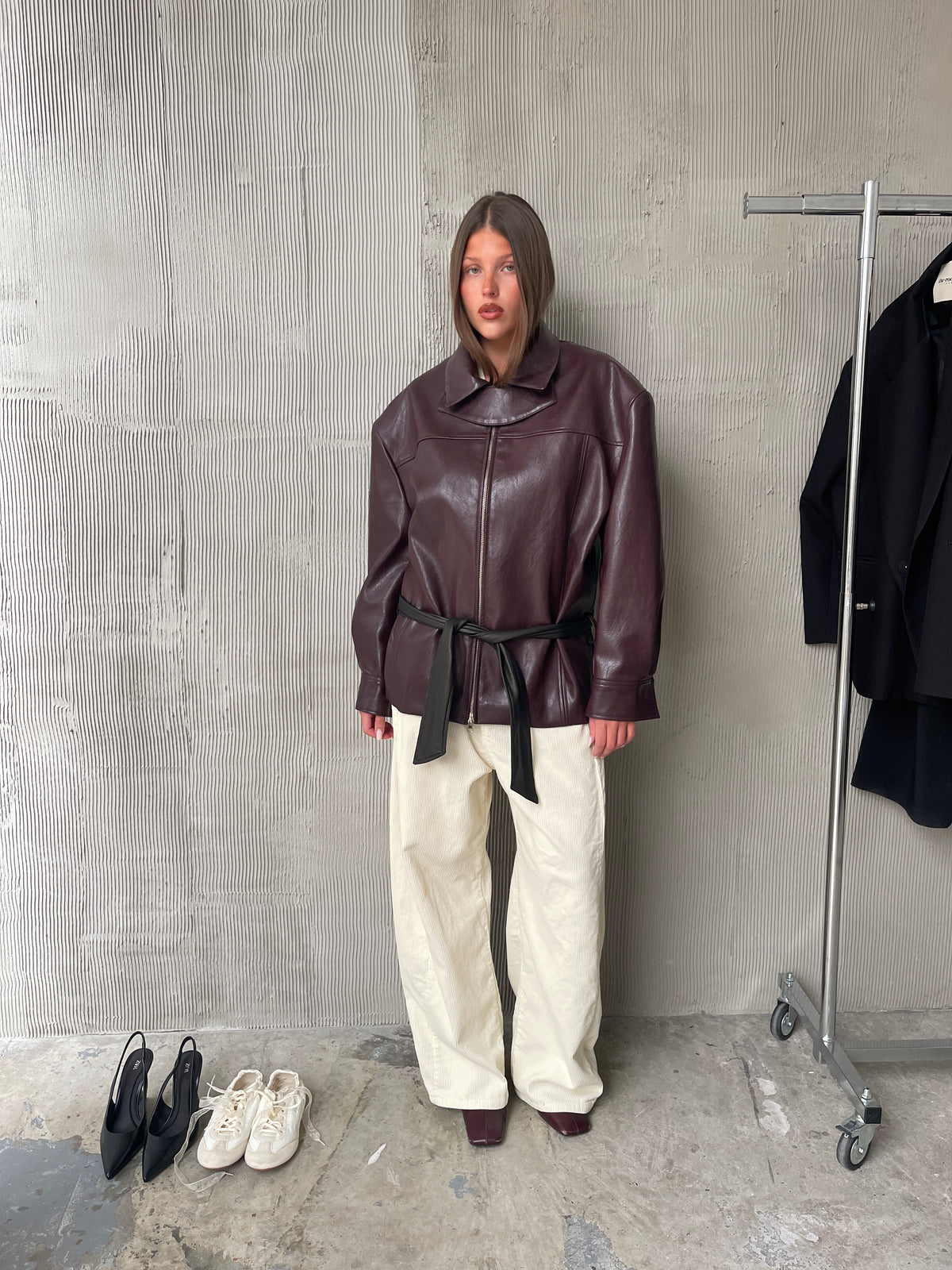 Contrast Belted Jacket Burgundy