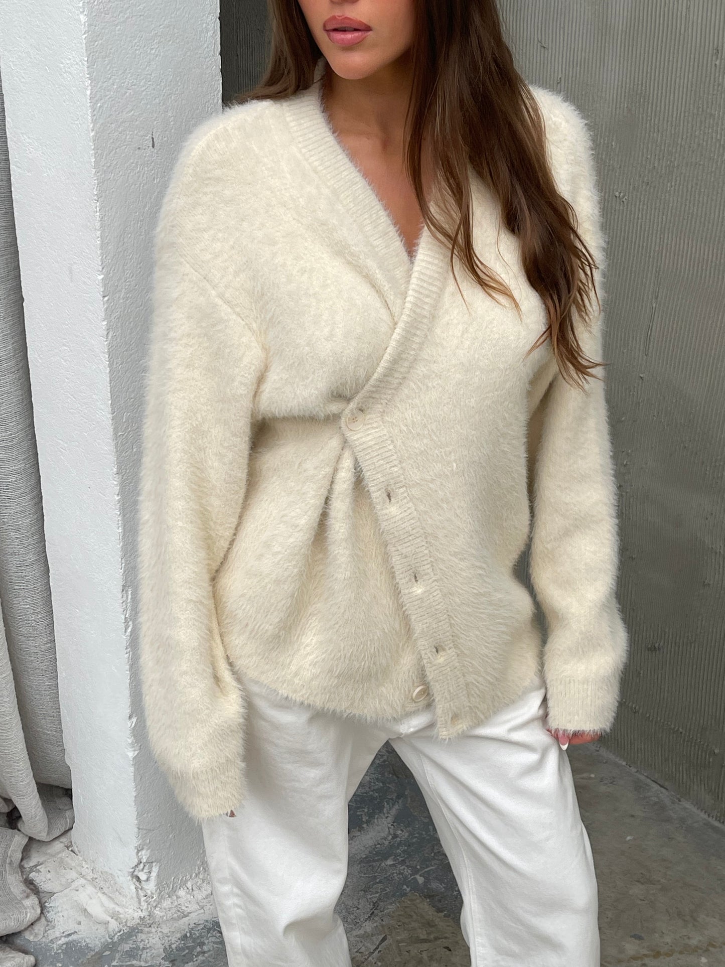 Buttoned Fluffy Soft Cardigan Ivory