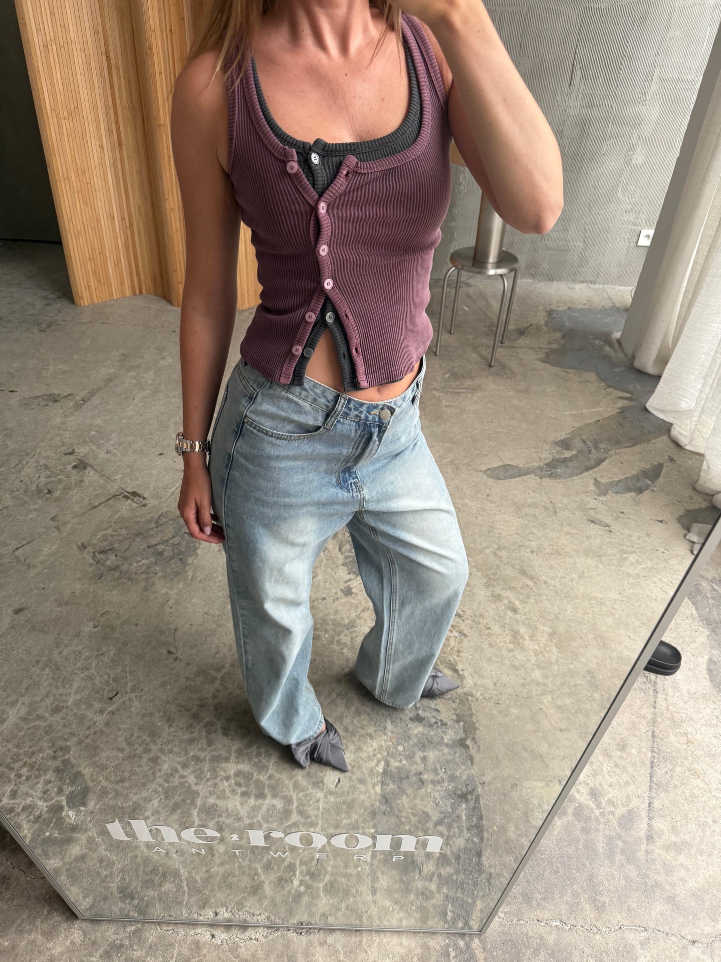 Side Button Ribbed Tank Plum