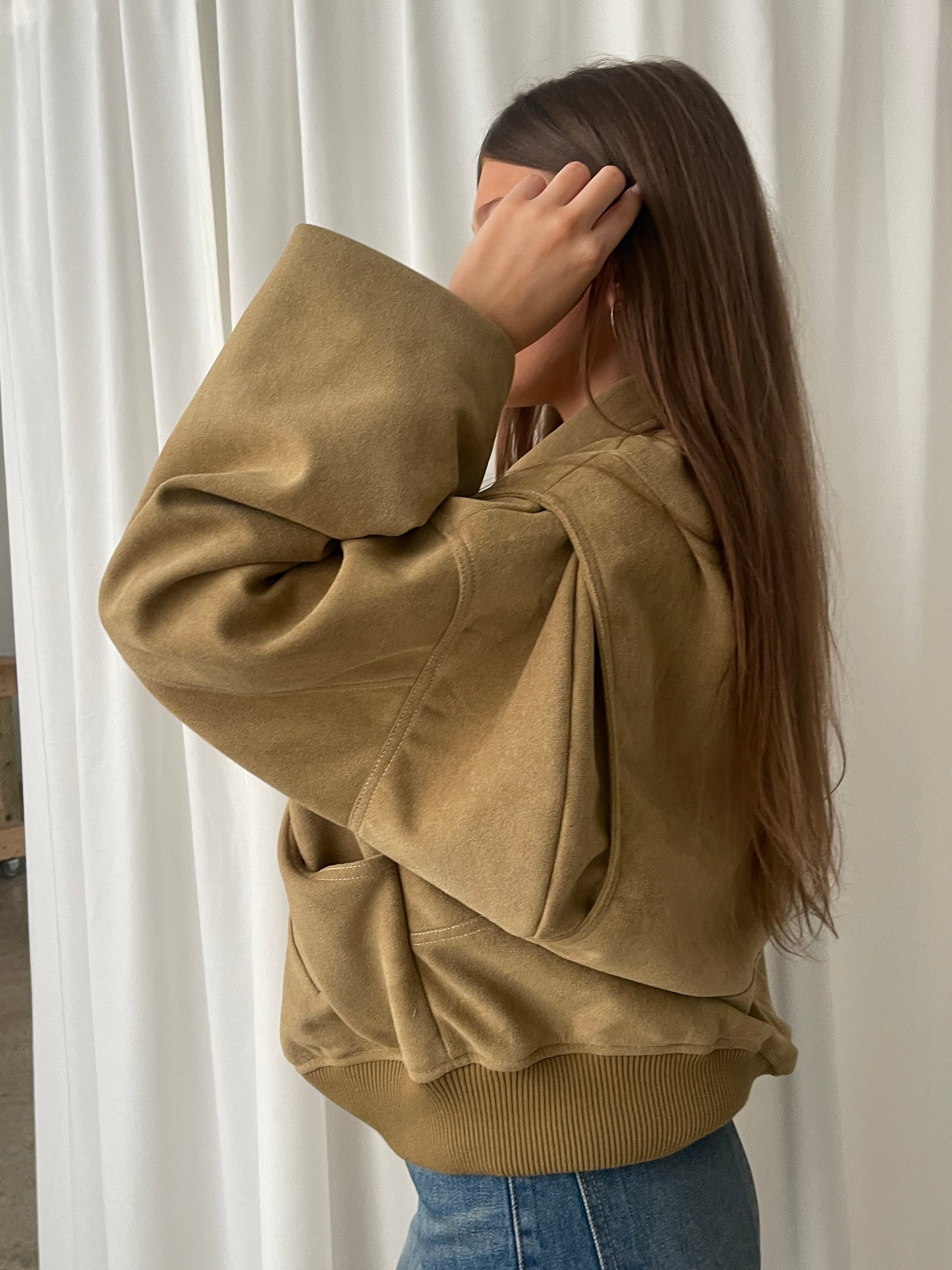 Oversized Contrast Stitch Jacket Suede Camel