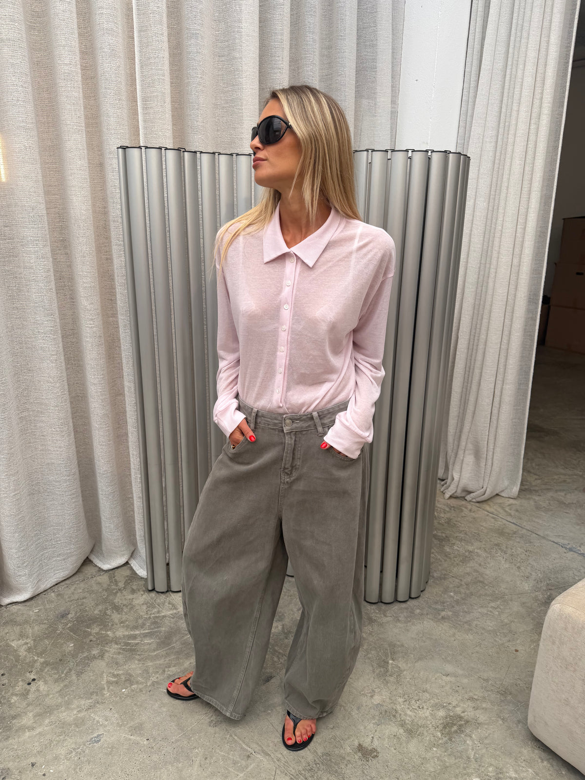 Collared Sheer Longsleeve Top Baby Pink
