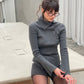 Buttoned Turtleneck Ribbed Top Charcoal