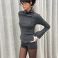 Buttoned Turtleneck Ribbed Top Charcoal