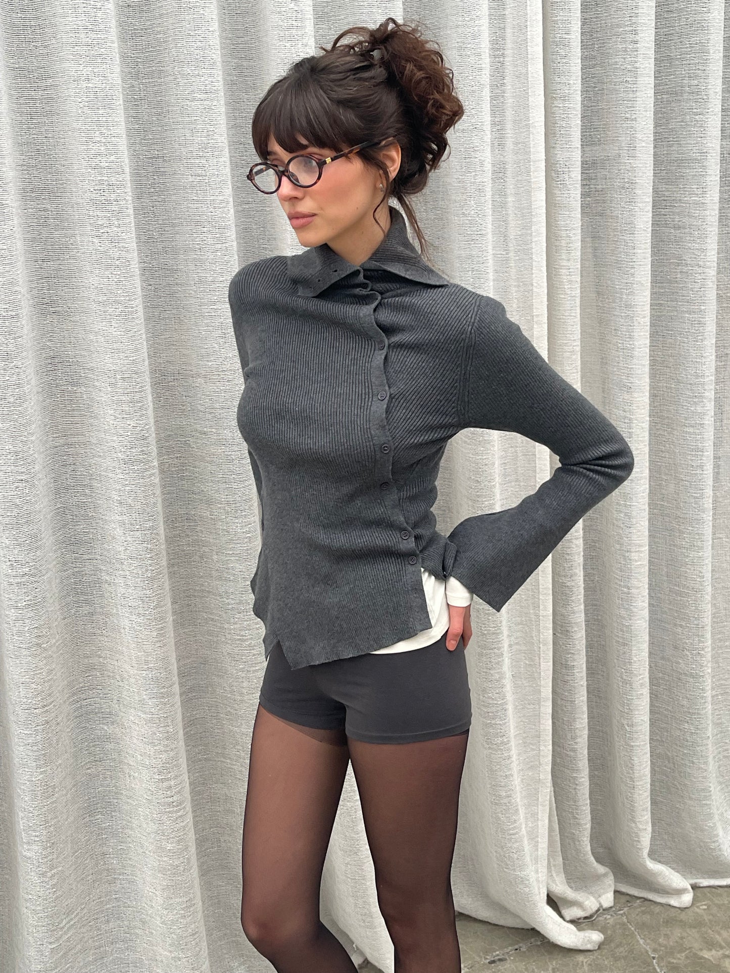 Buttoned Turtleneck Ribbed Top Charcoal