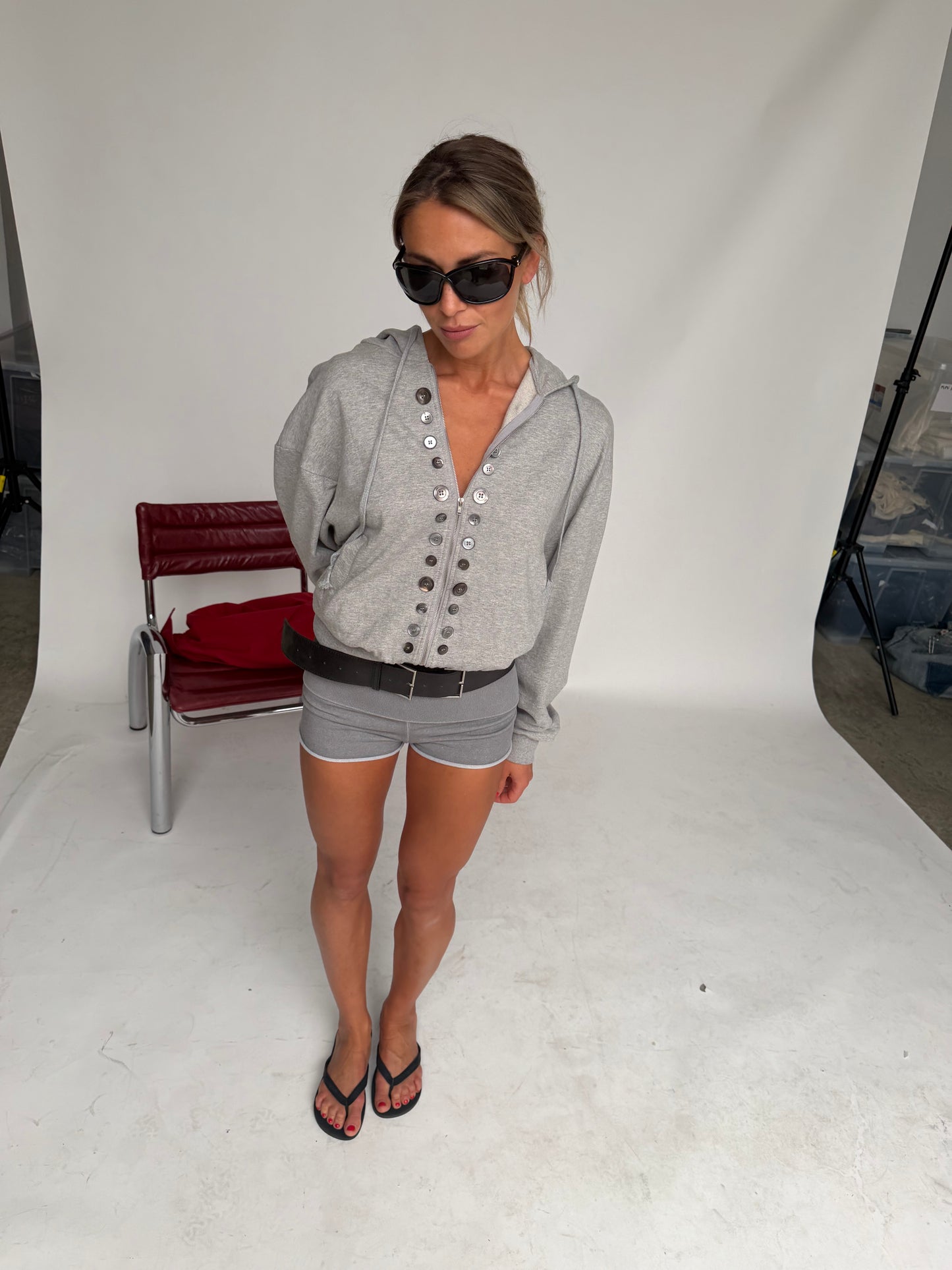 Button Detail Zip-Up Hoodie Light Grey