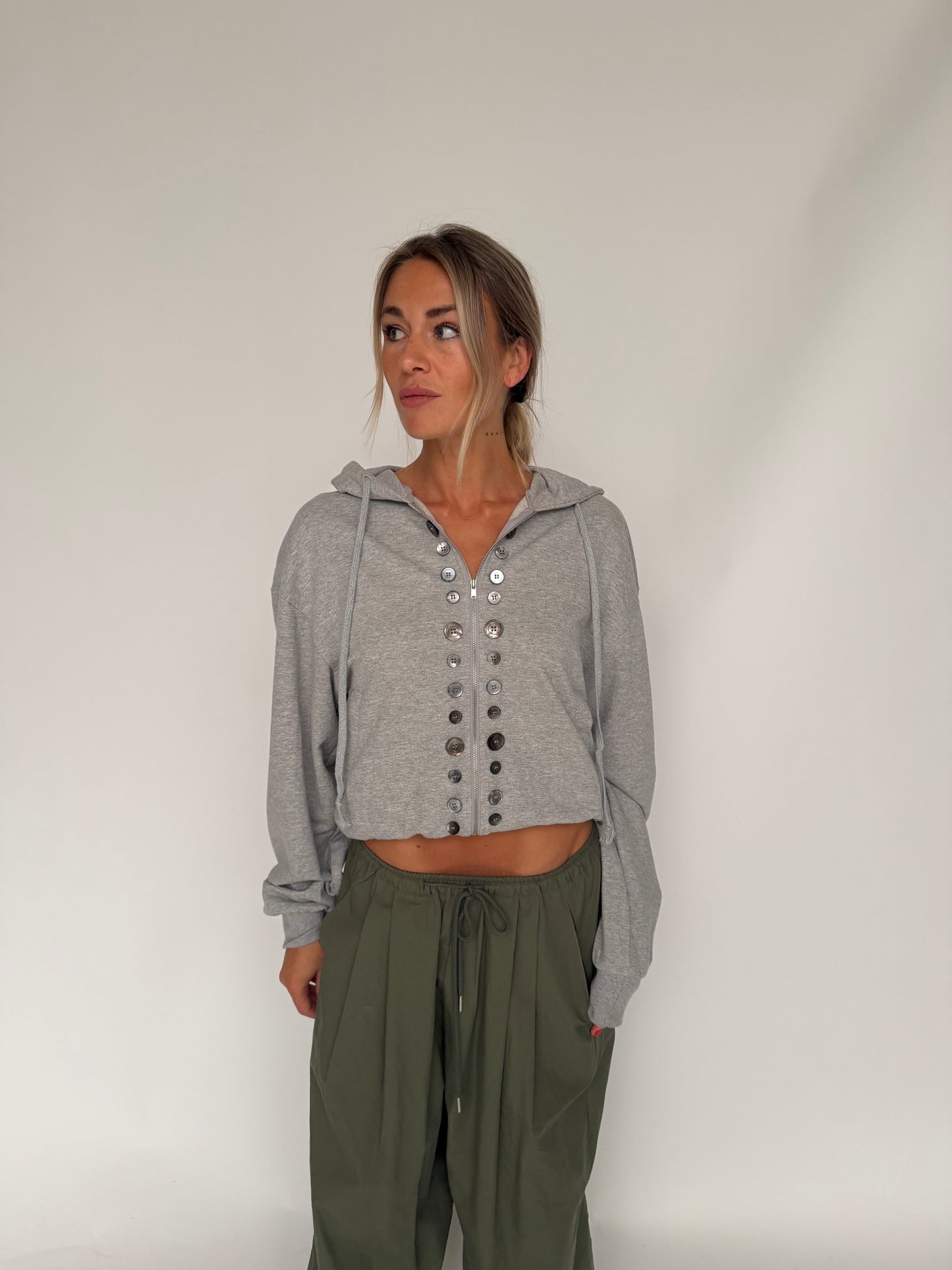 Button Detail Zip-Up Hoodie Light Grey