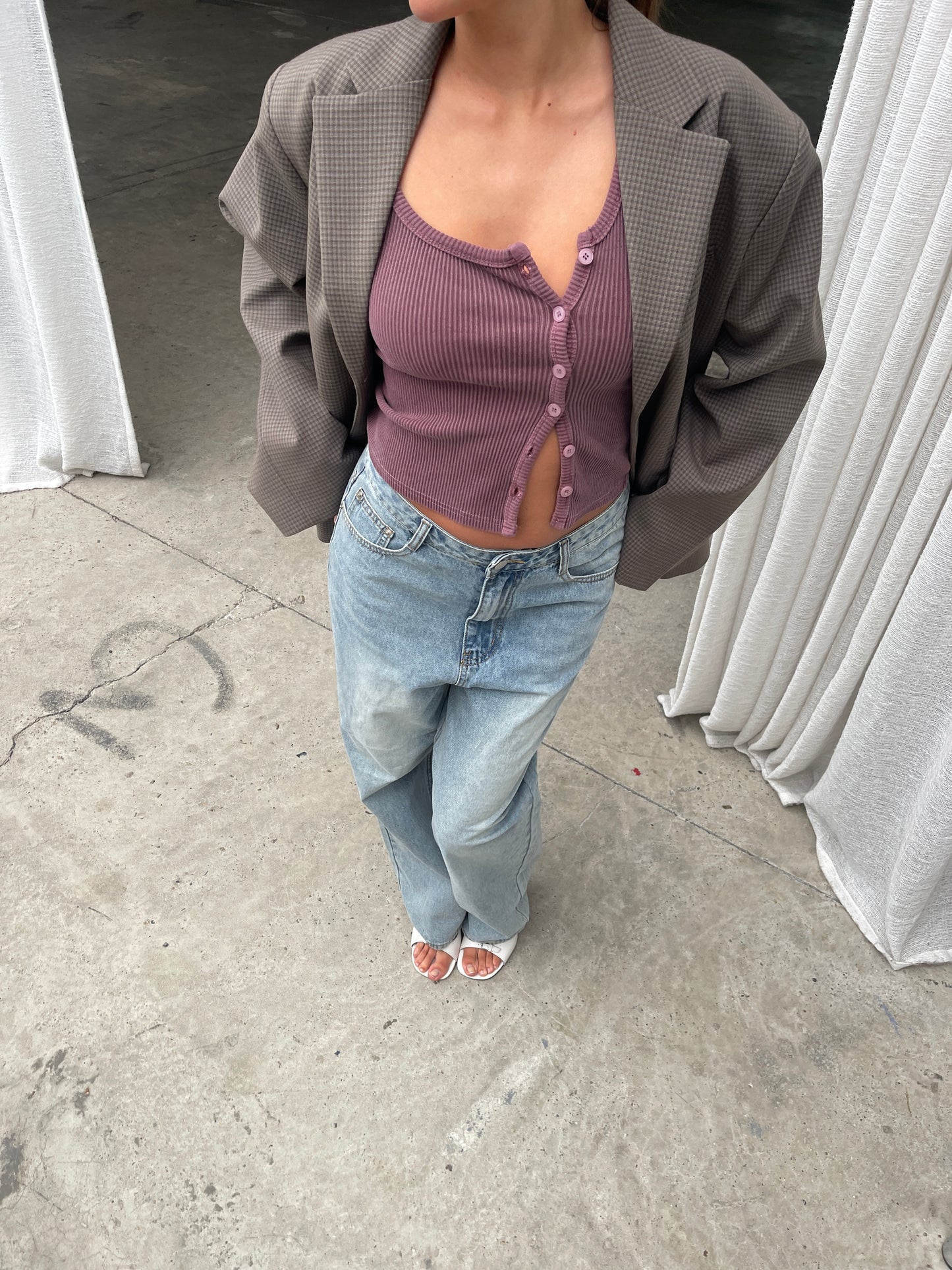 Side Button Ribbed Tank Plum