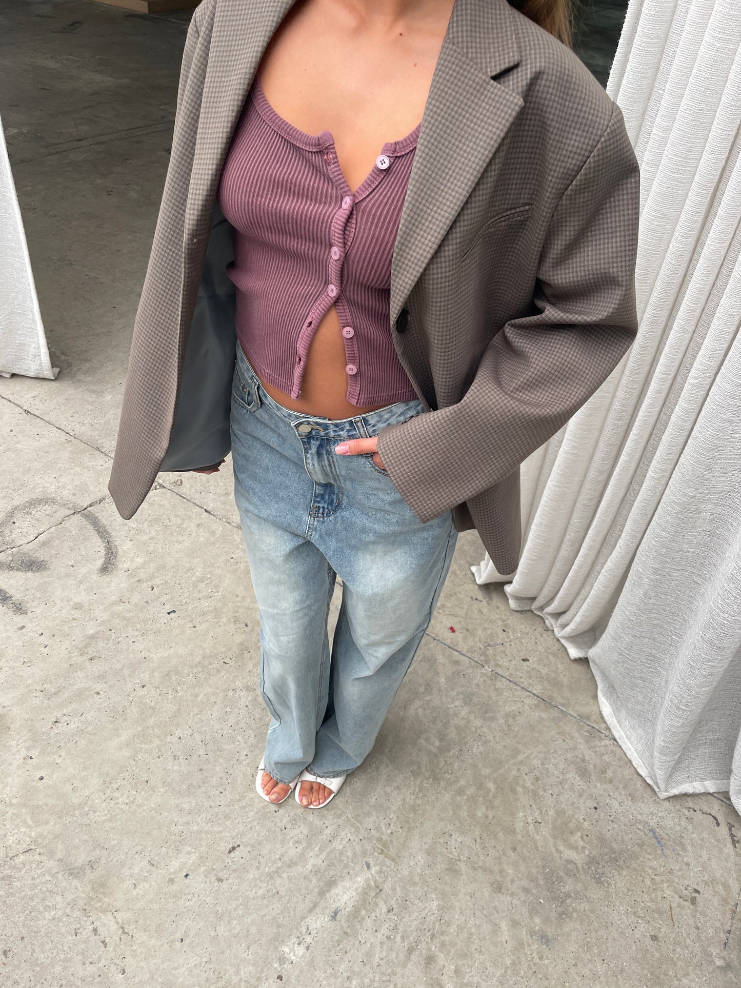 Side Button Ribbed Tank Plum