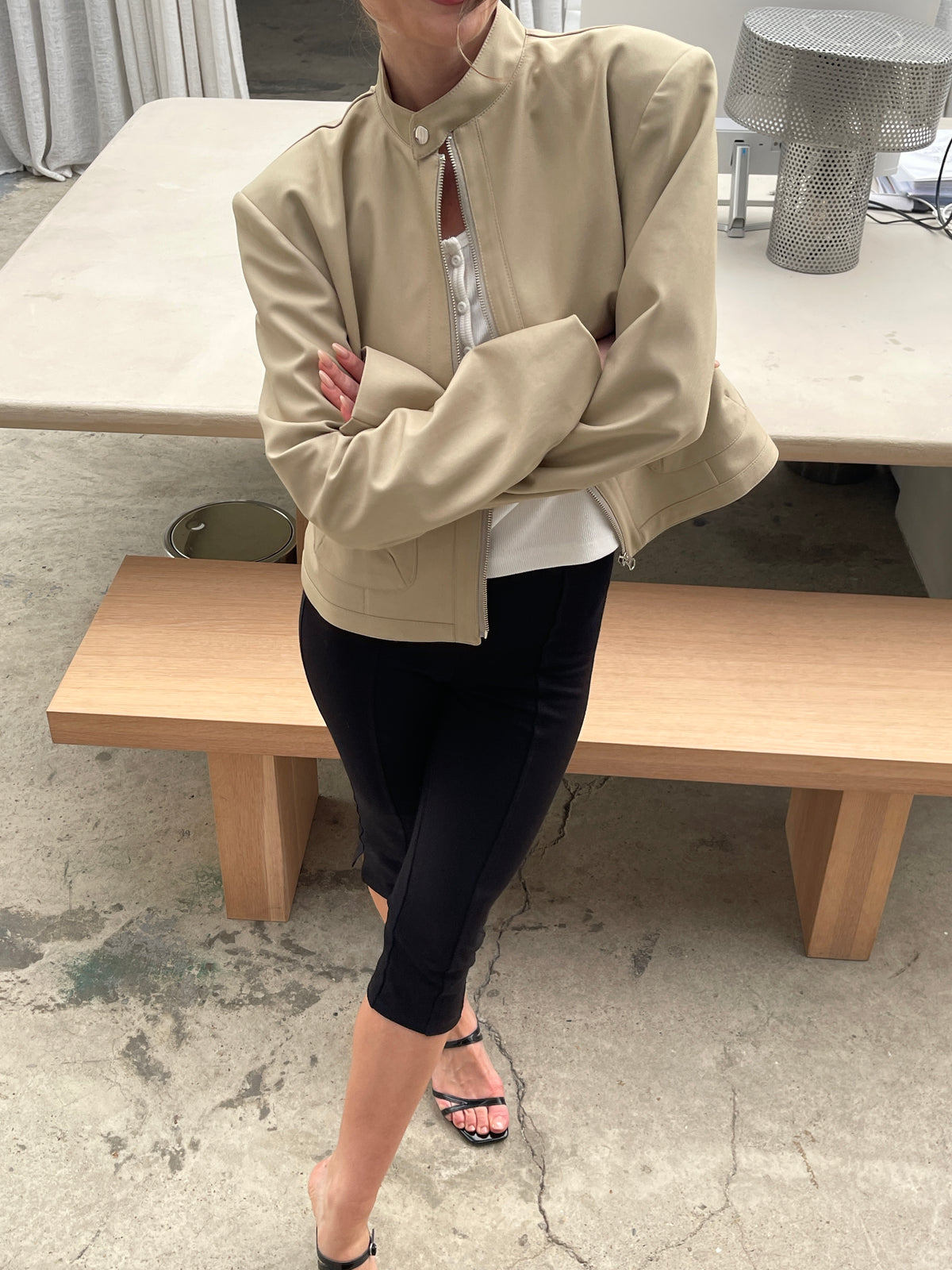 Padded High Neck Strap Detail Jacket Tan