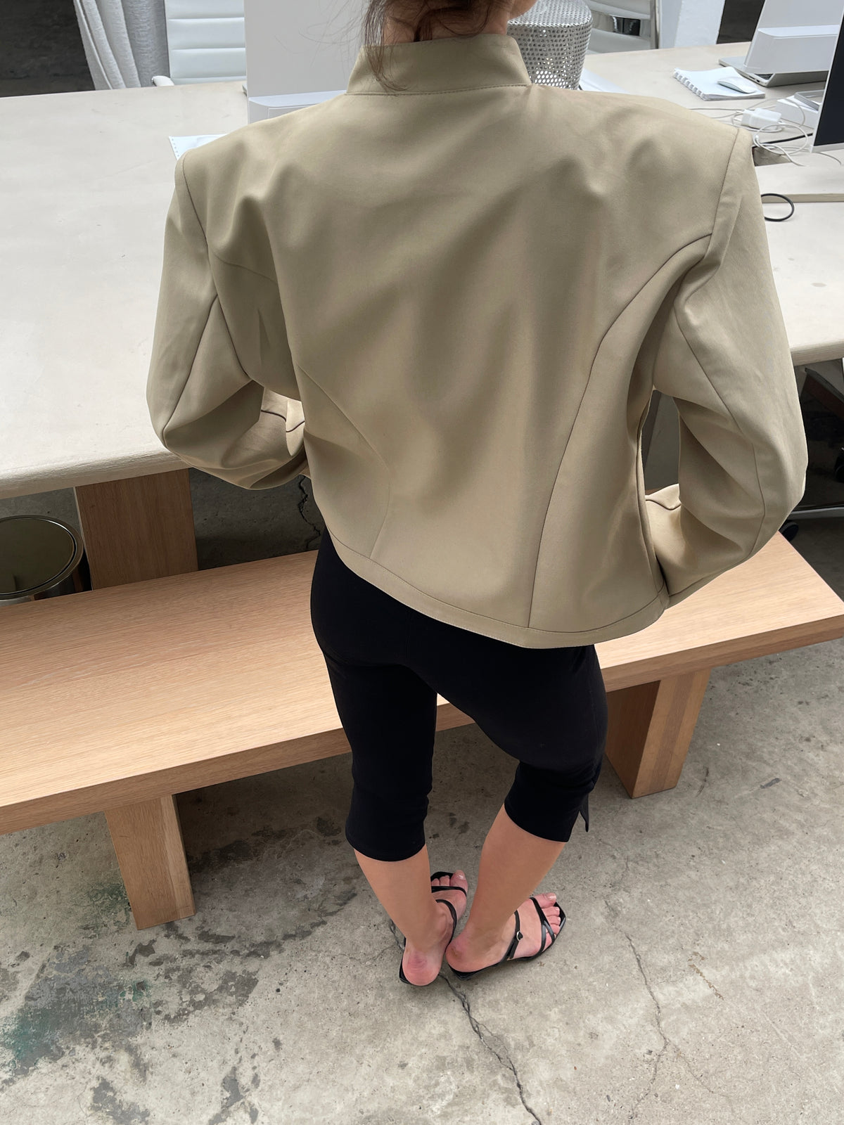 Padded High Neck Strap Detail Jacket Tan