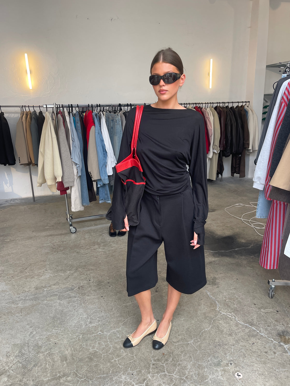 Soft Draped Off Shoulder Long Sleeve Top Black