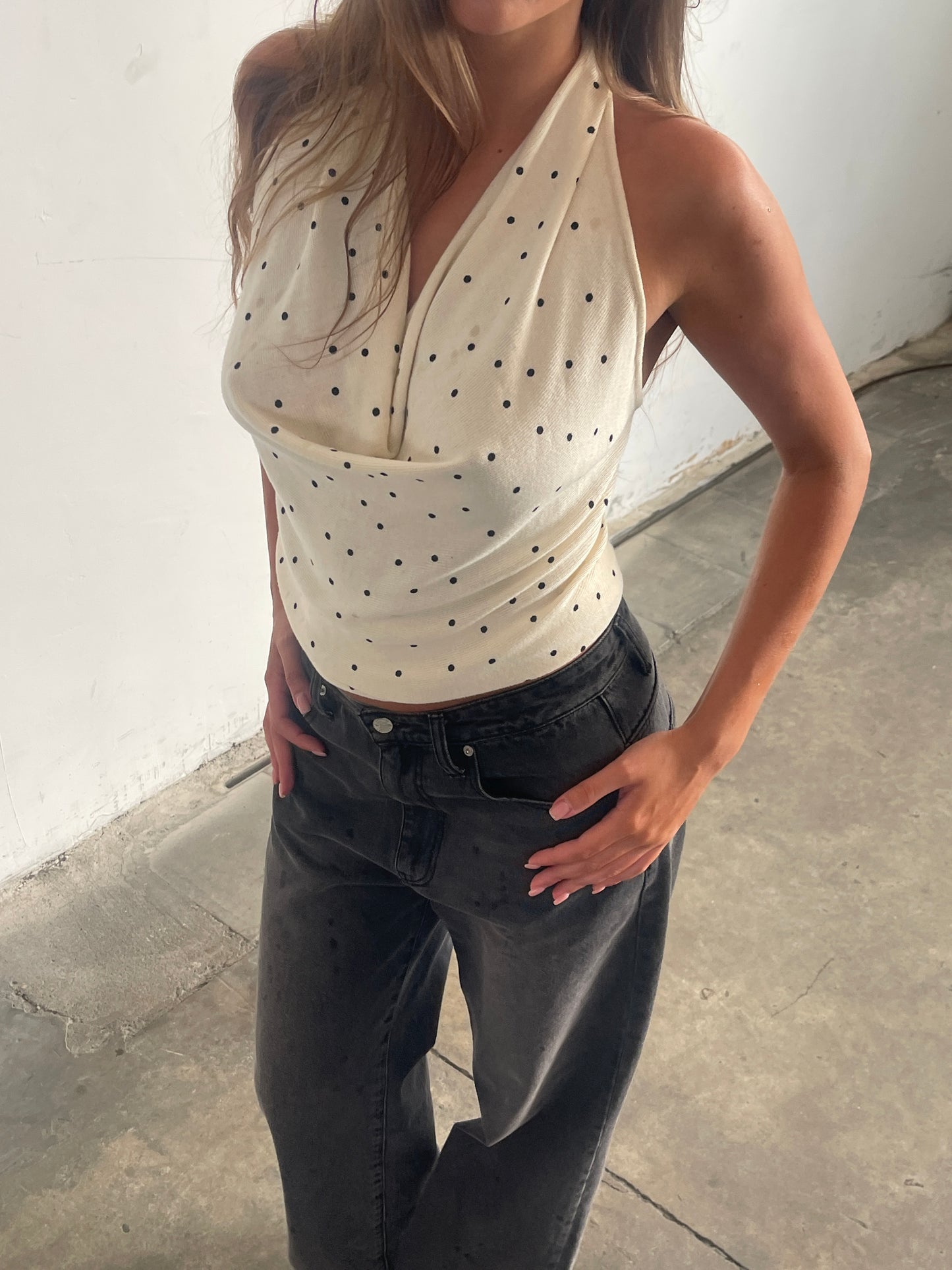 Twisted Back Knitted Halter Top Polka Dot