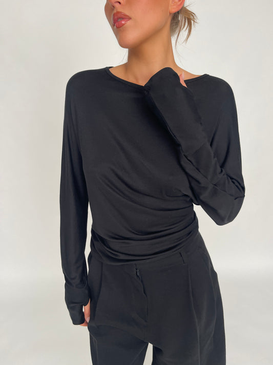 Soft Draped Off Shoulder Long Sleeve Top Black