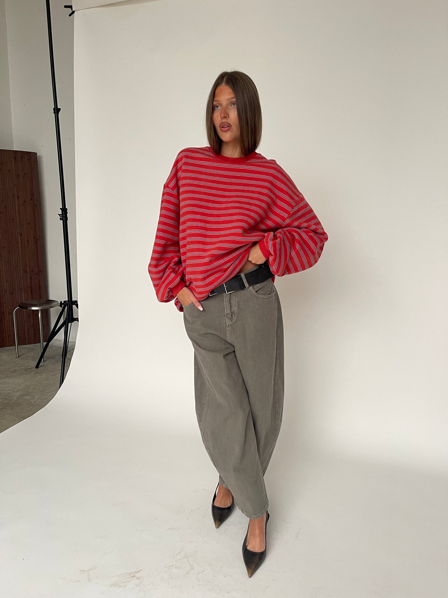 Oversized Striped Fleece Sweater Bright Red